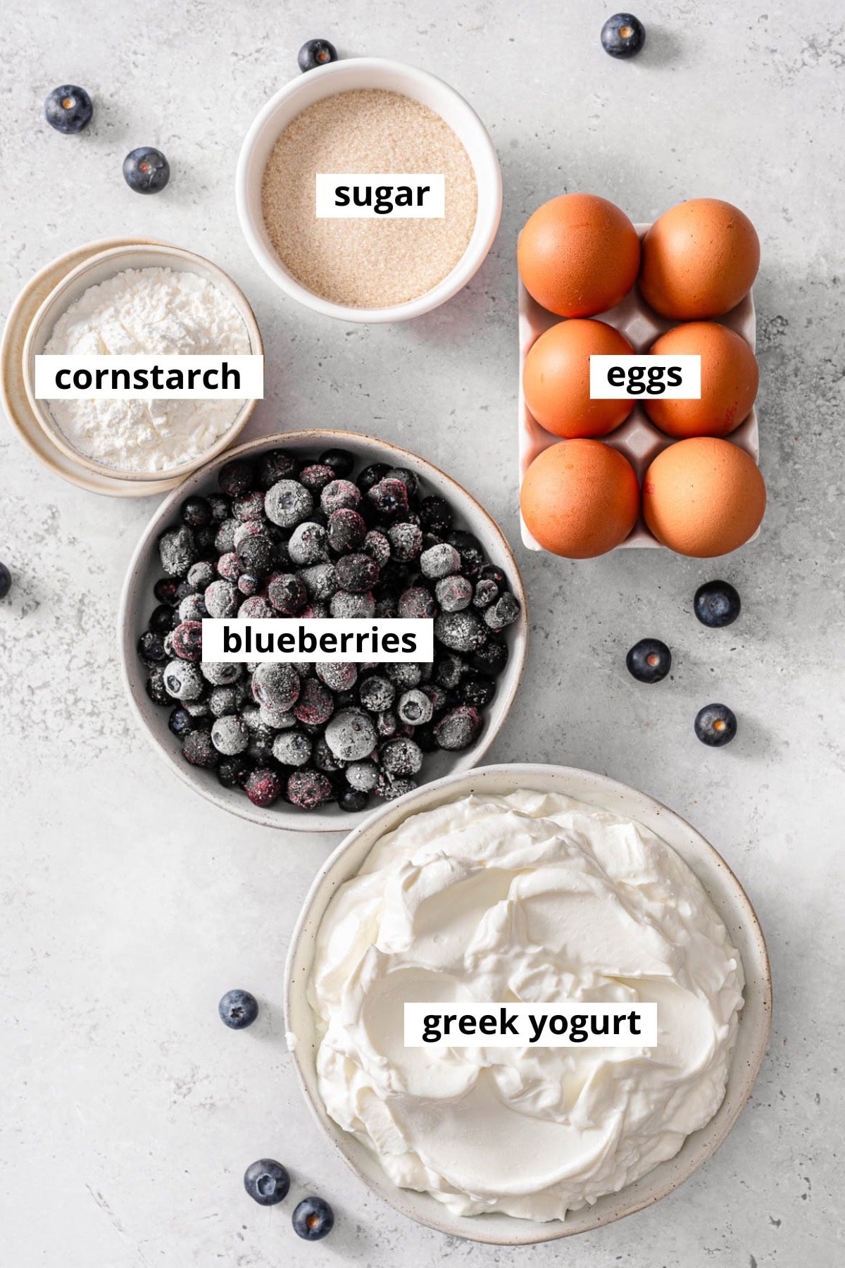 Greek yogurt, eggs, blueberries, cornstarch, sugar.