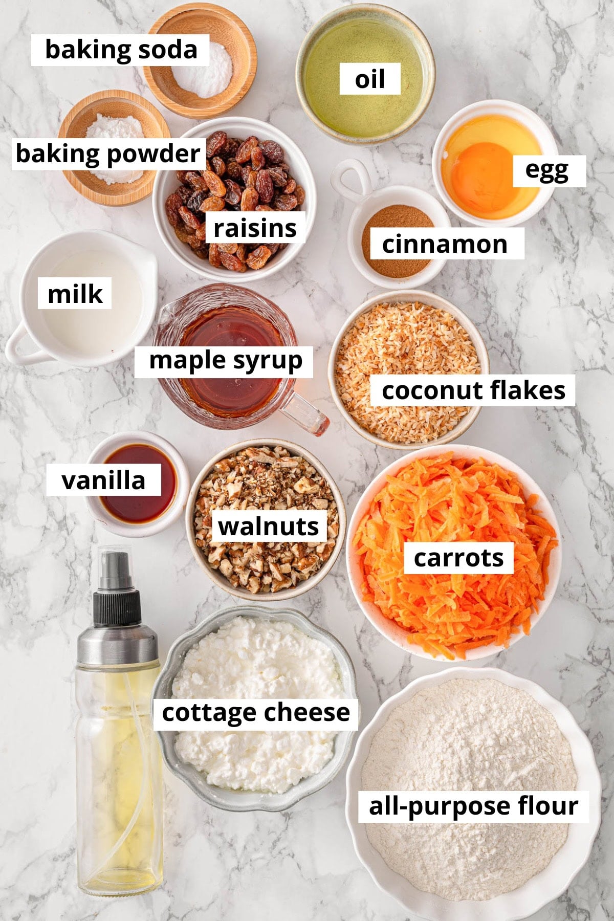 Carrots, all-purpose flour, egg, cinnamon, coconut flakes, raisins, walnuts, cottage cheese, milk, maple syrup, baking powder, baking soda, salt, vanilla extract, oil.