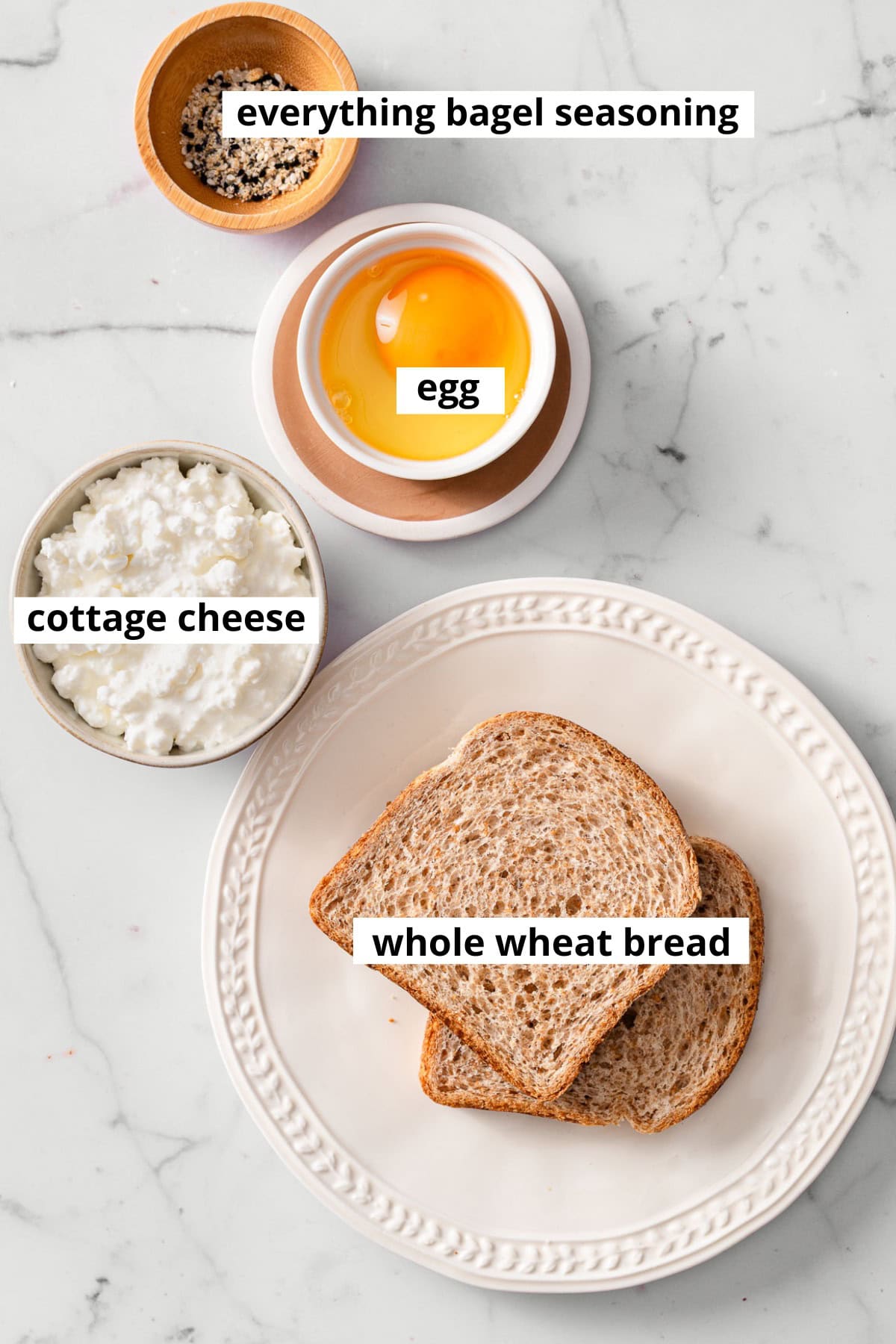 Cottage cheese, egg, everything bagel seasoning, whole wheat bread.