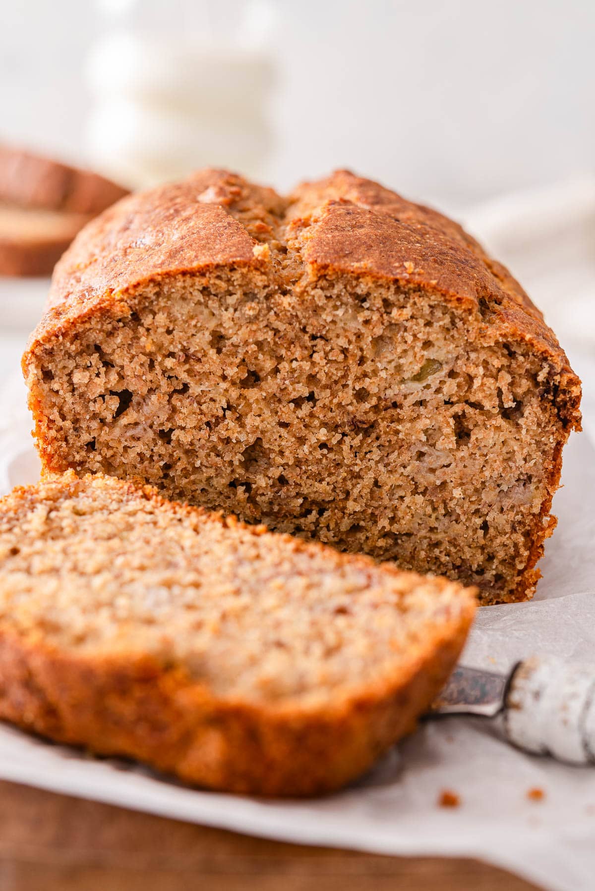 Sliced healthy banana bread loaf.