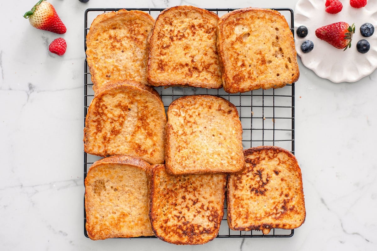 High protein french toast on a wire rack.