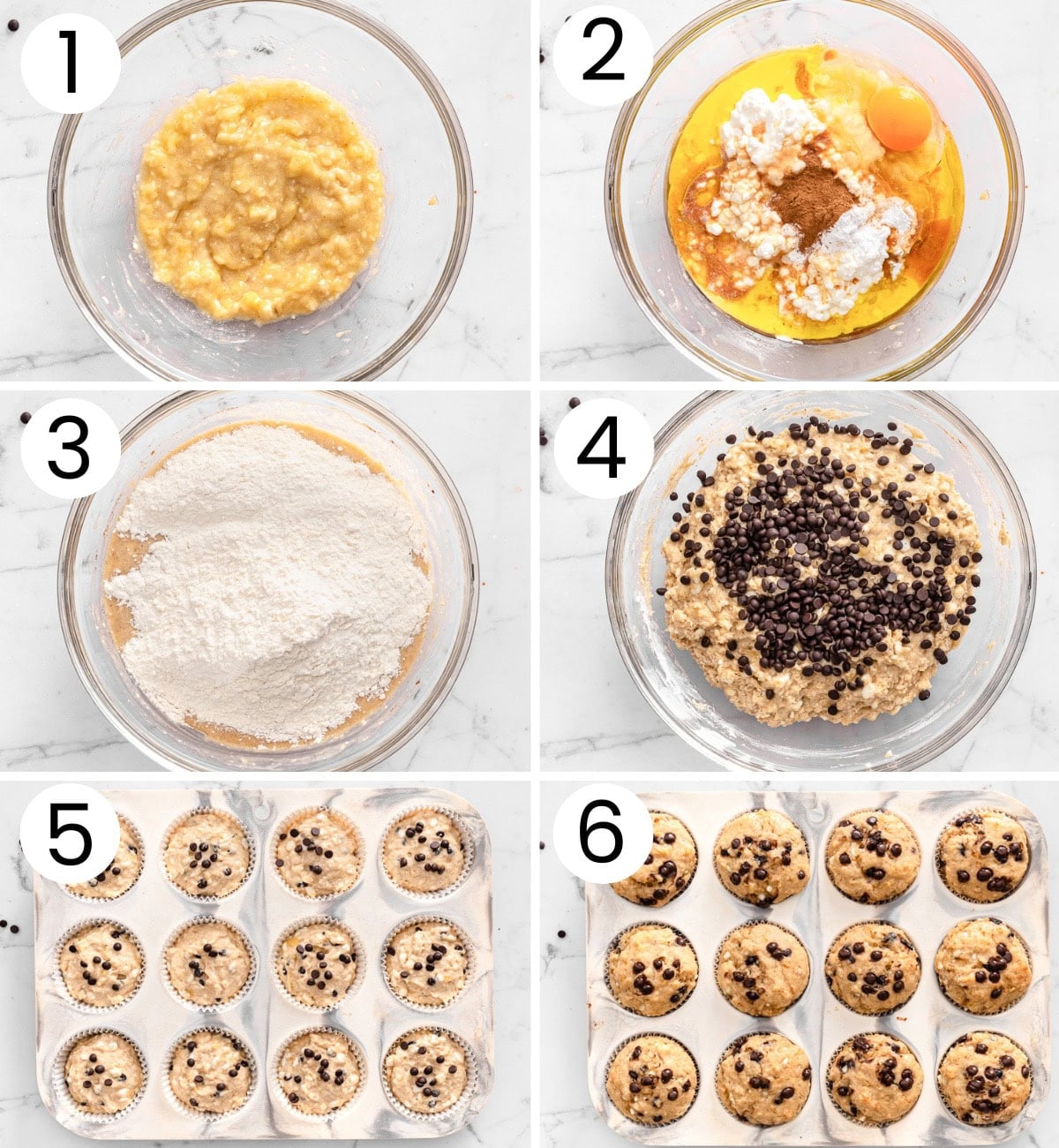 Step by step process how to make cottage cheese banana muffins.
