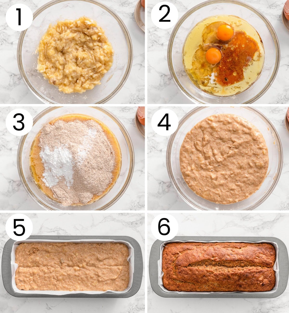 Step by step process how to make healthy banana bread.