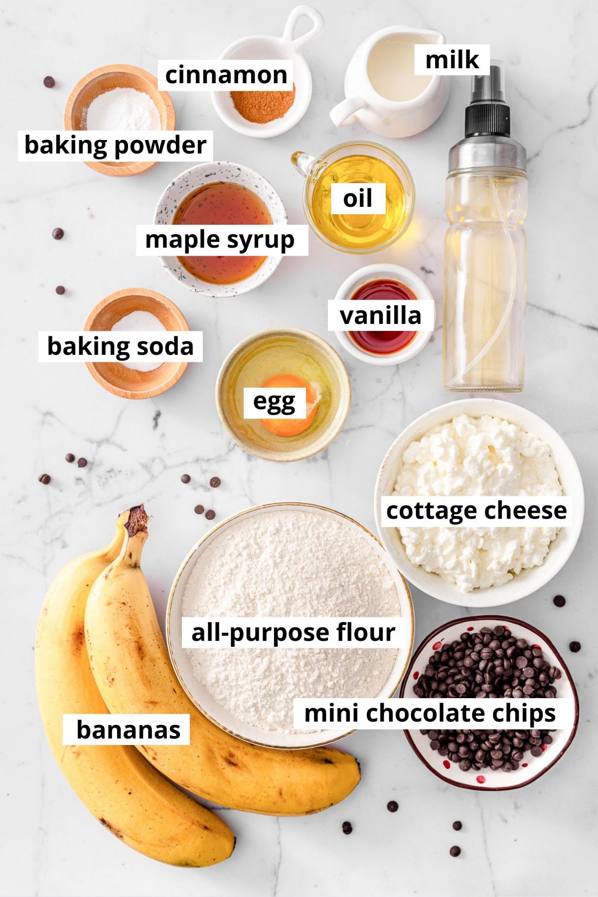 Milk, cottage cheese, egg, baking powder, baking soda, vanilla, cinnamon, bananas, chocolate chips, maple syrup, oil, flour.