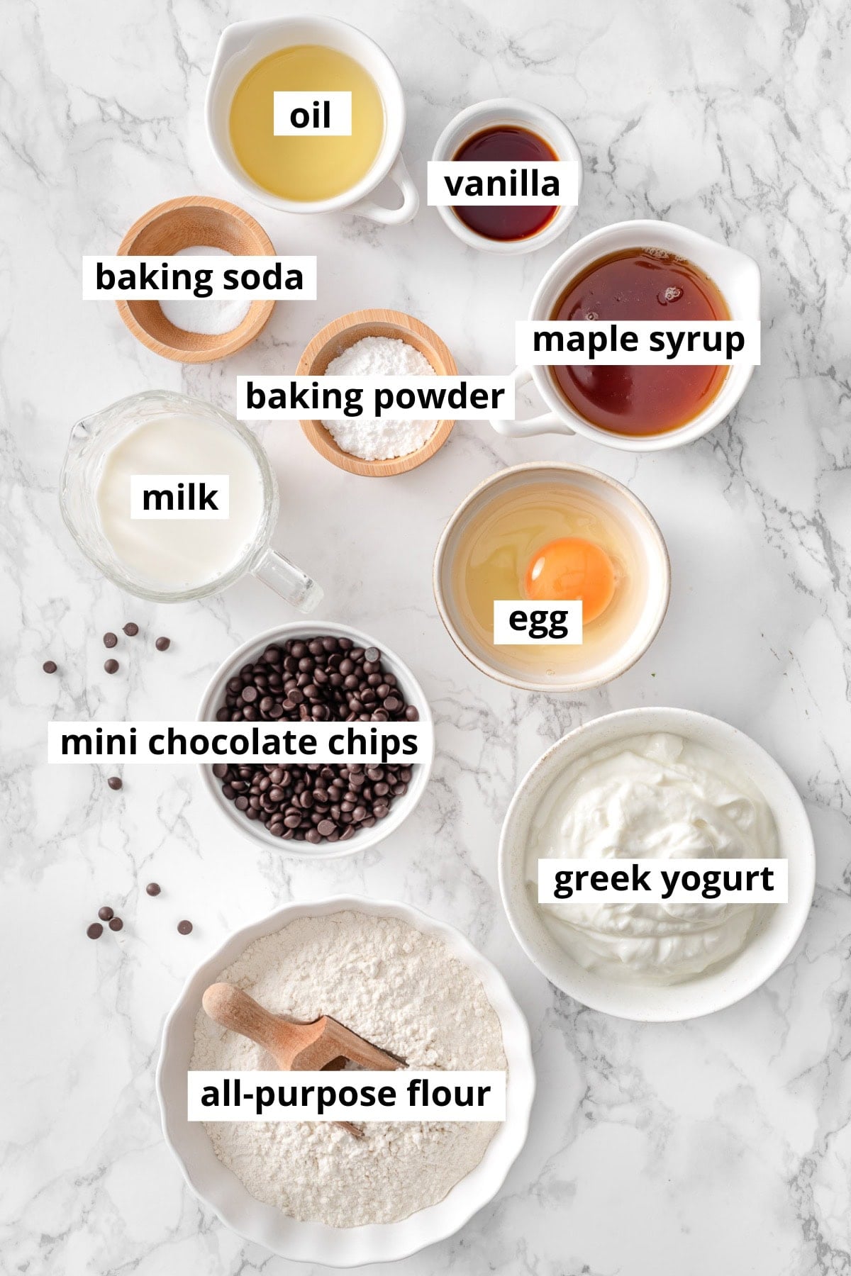 Milk, Greek yogurt, egg, baking powder, baking soda, vanilla, chocolate chips, maple syrup, oil, flour.