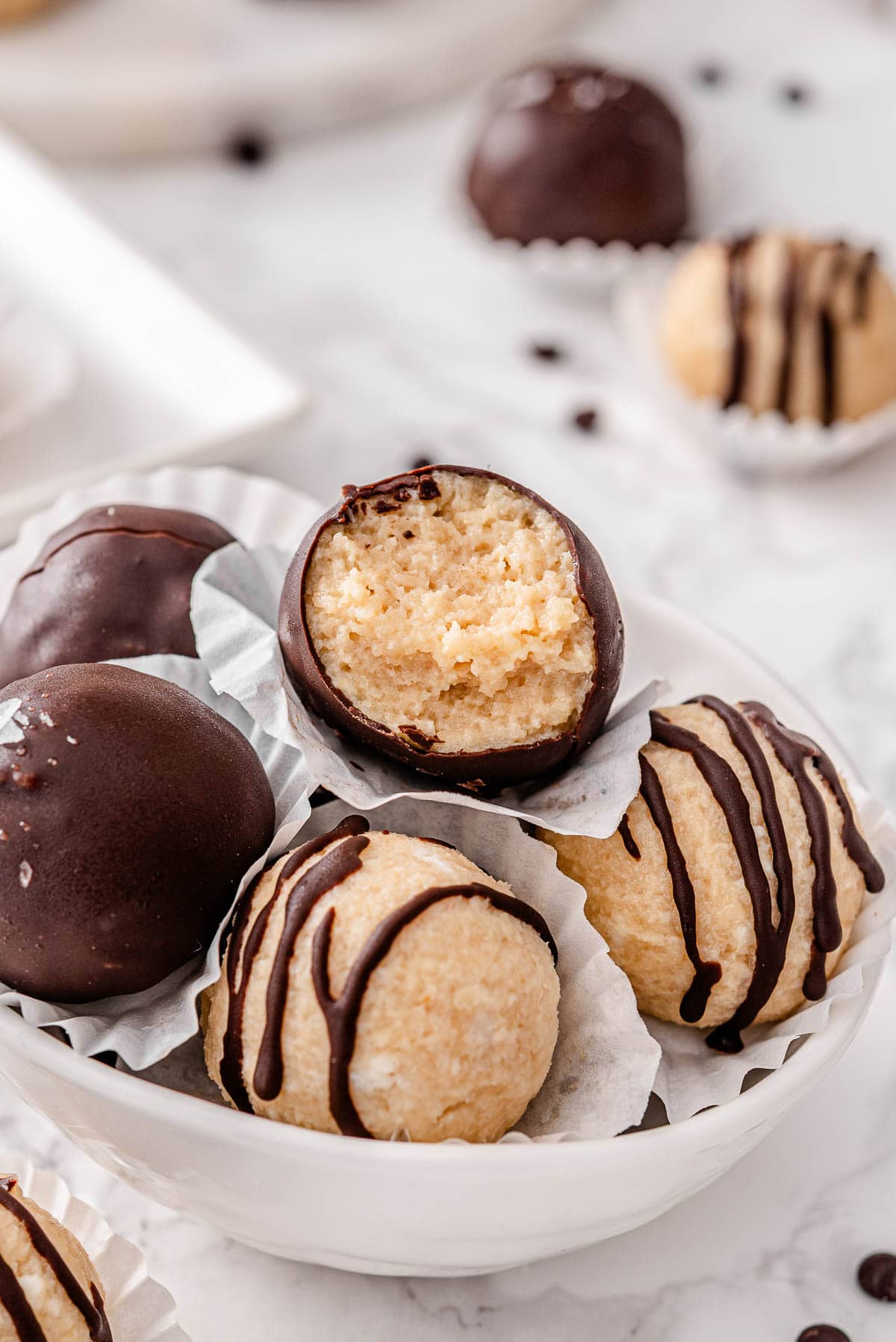 Close up of cottage cheese protein ball showing texture inside.
