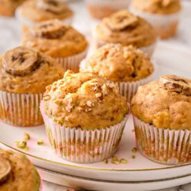 Greek yogurt banana muffins on a plate.