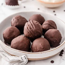 Greek yogurt protein balls in a bowl.