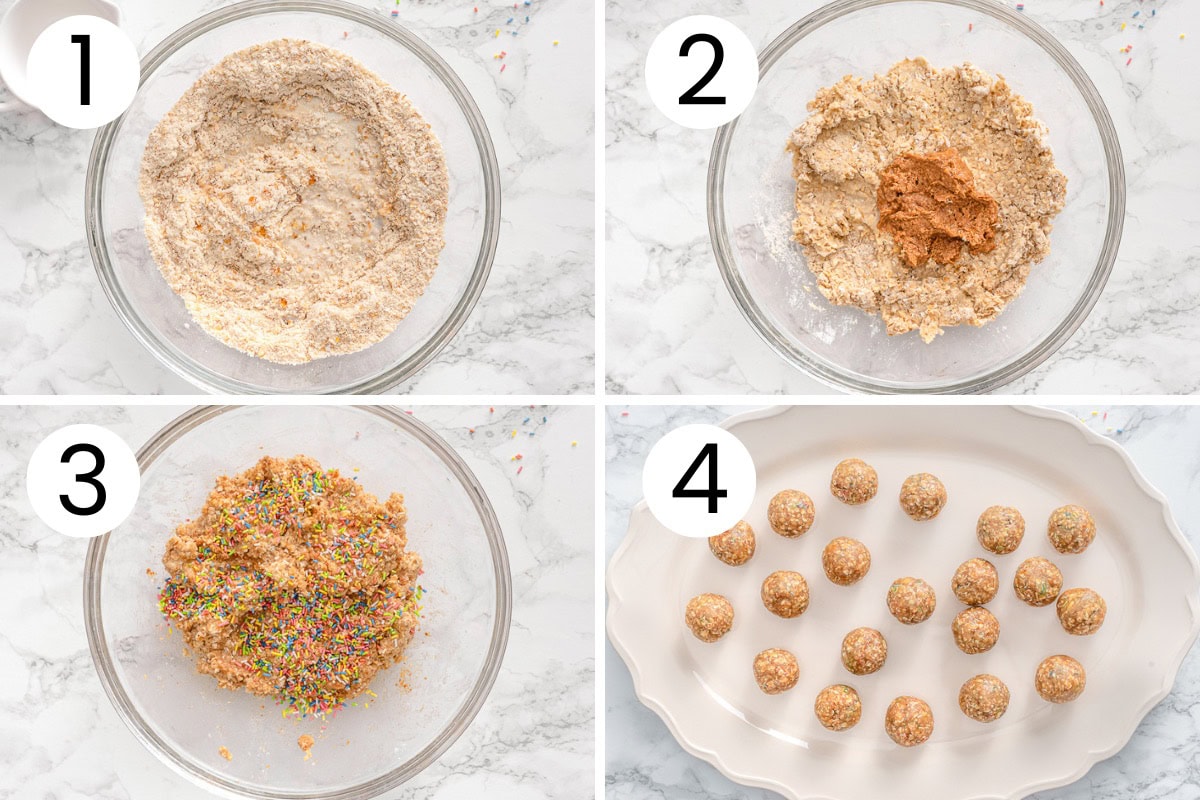 Step by step process how to make birthday cake protein balls.