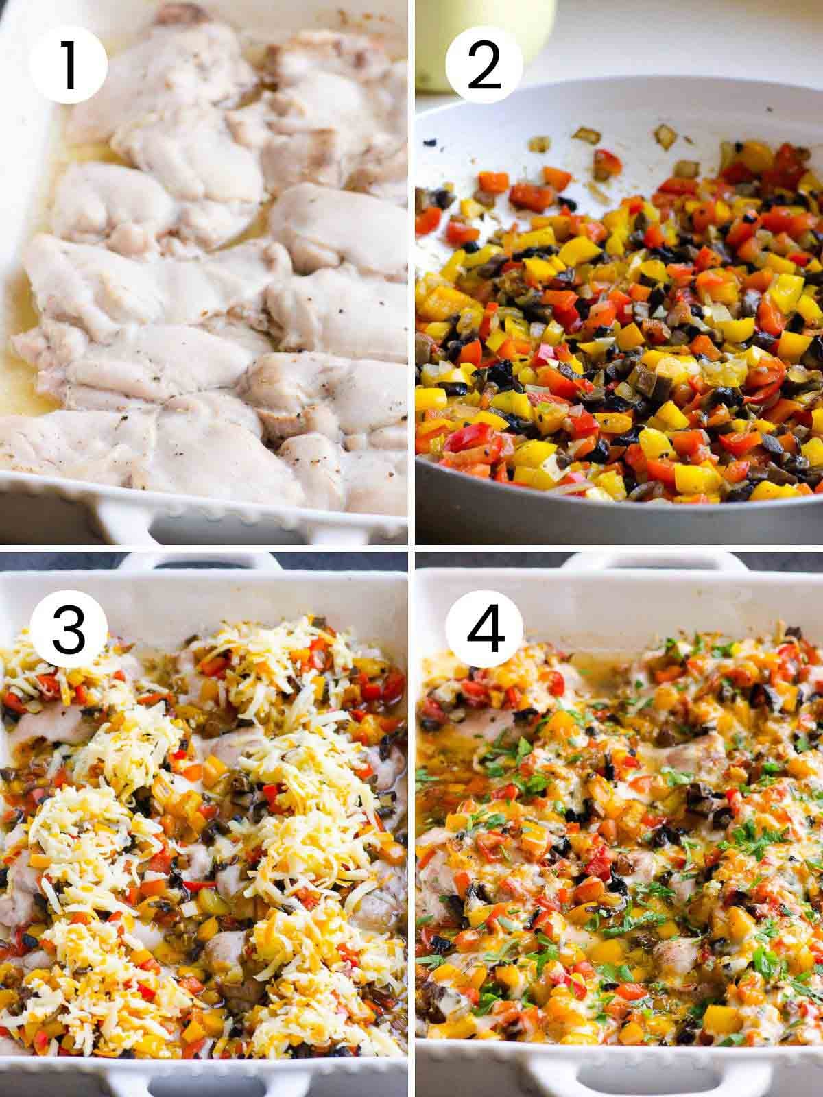 Step by step process how to make chicken and peppers.