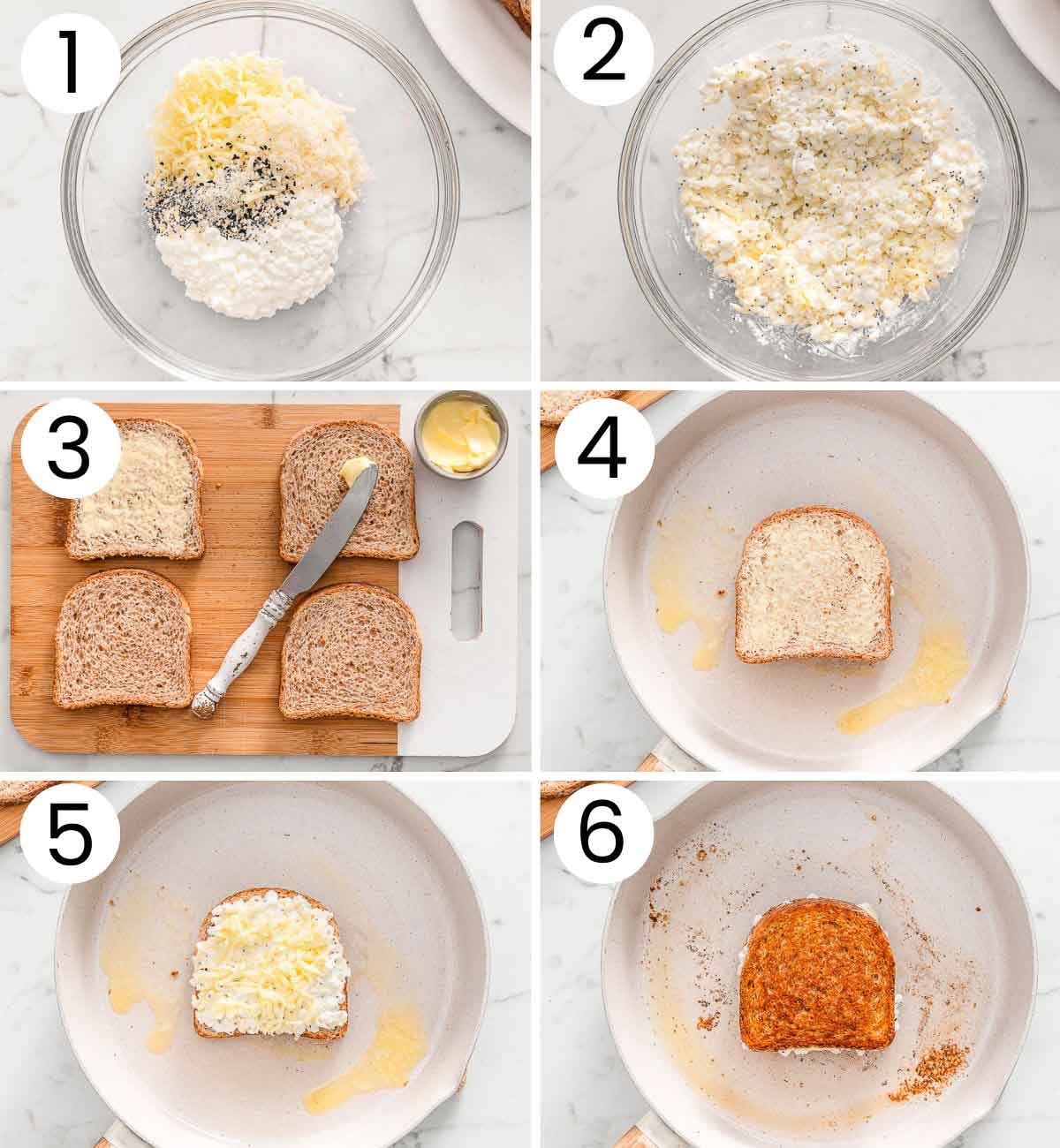 Step by step process how to make cottage cheese grilled cheese.