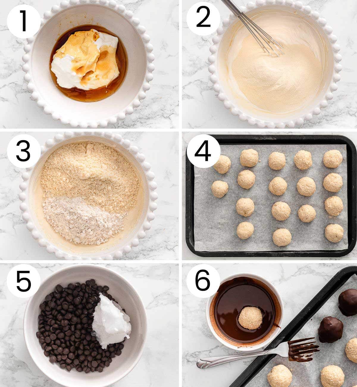 Step by step process how to make Greek yogurt protein balls.
