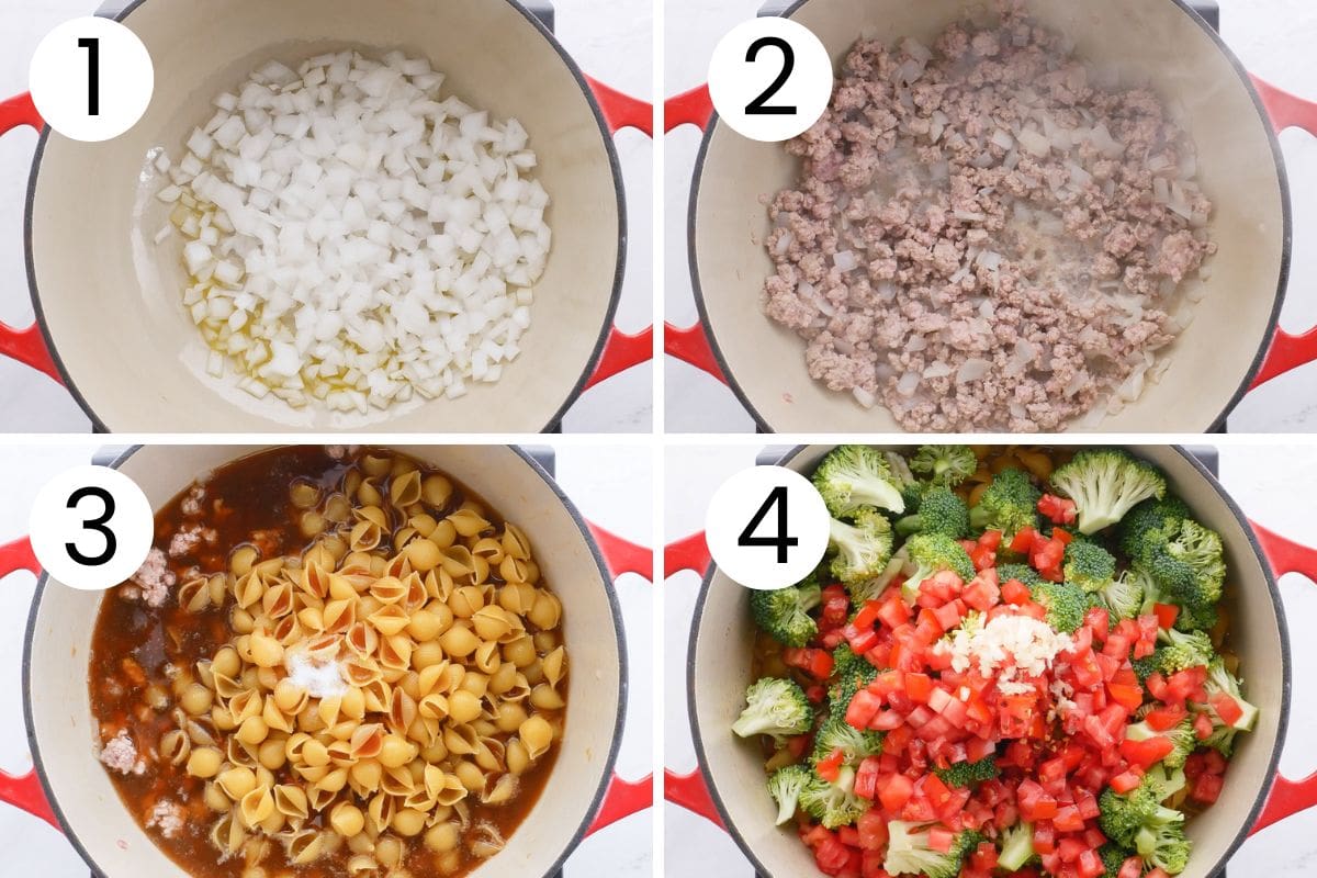 Step by step process how to make ground turkey and broccoli pasta recipe.