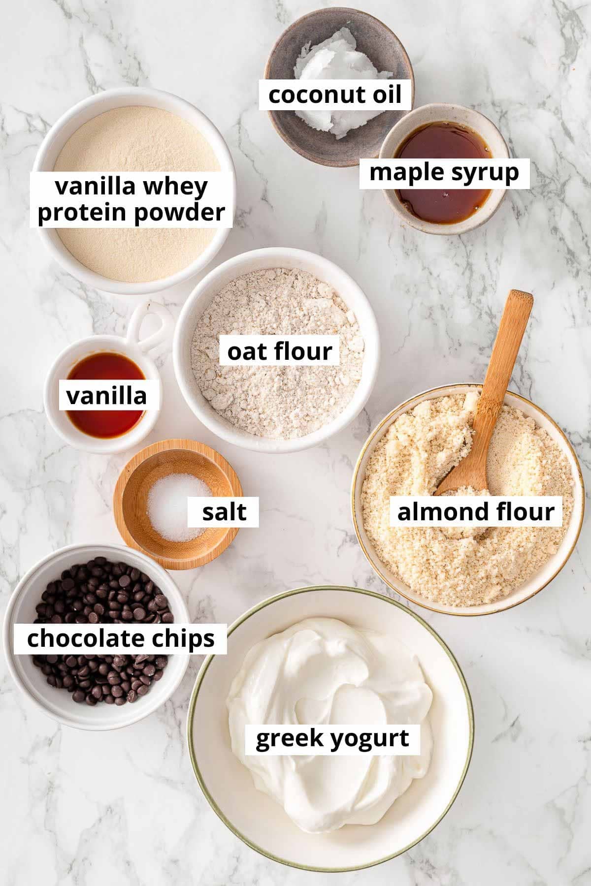 Greek yogurt, vanilla protein powder, almond flour, oat flour, vanilla, maple syrup, salt, coconut oil, chocolate chips.