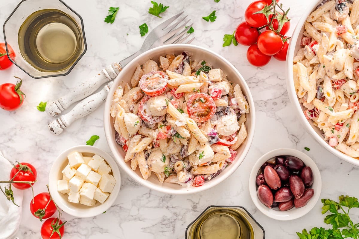 Looking down on a bowl with high protein pasta salad.
