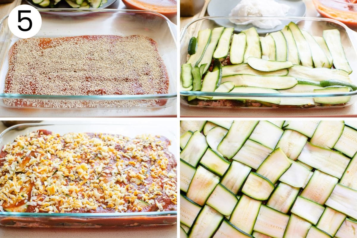 Step by step process how to layer chicken zucchini casserole.