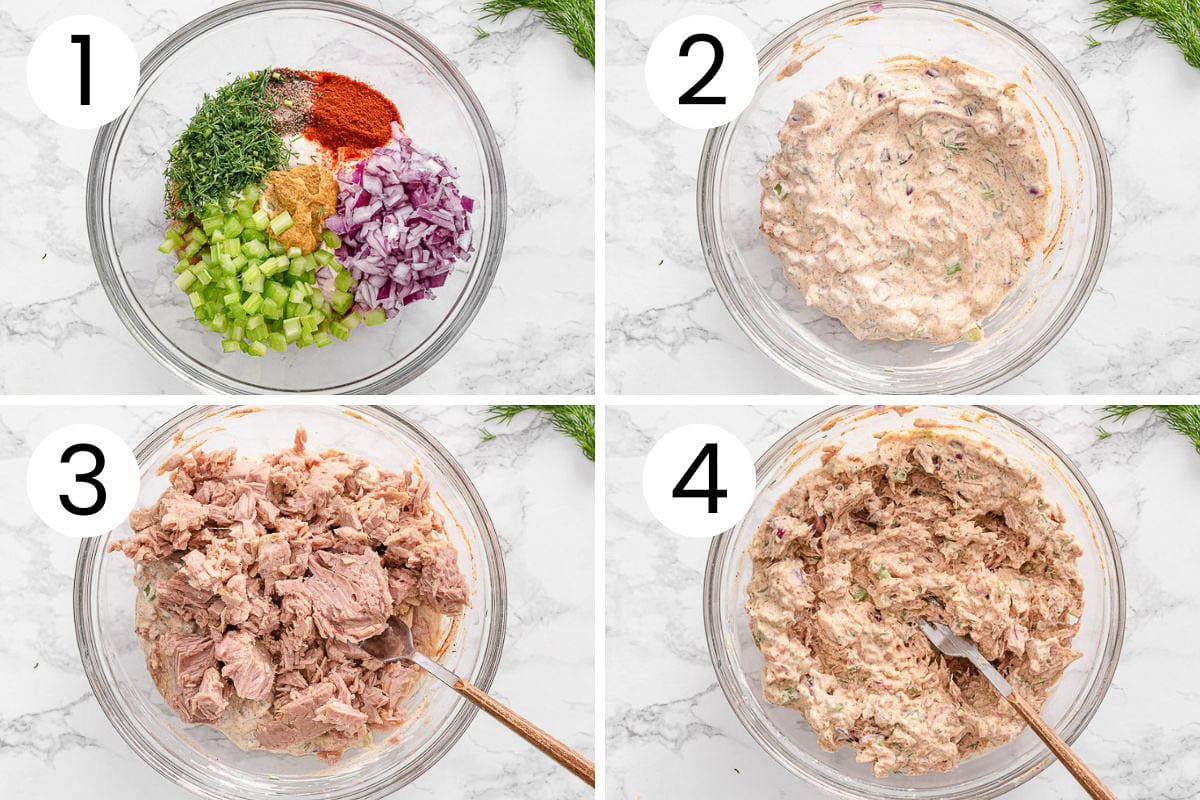 Step by step process how to make Greek yogurt tuna salad.