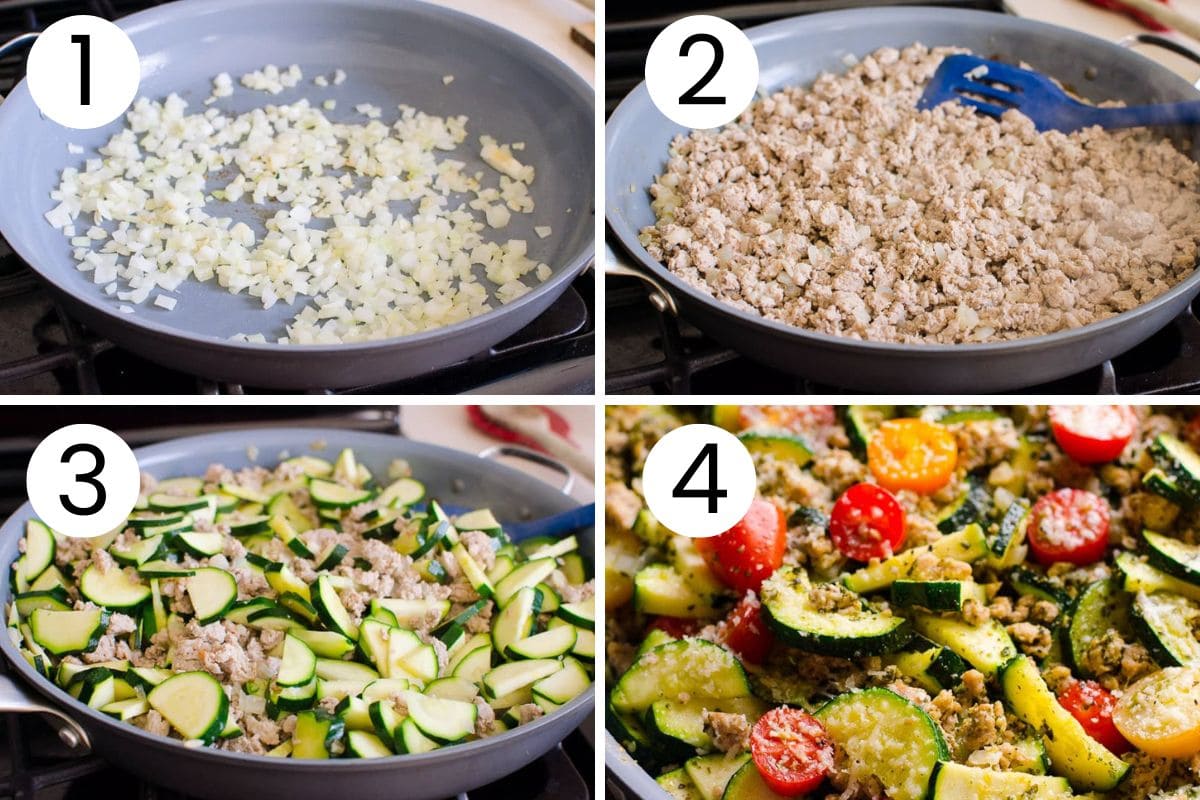 Step by step process how to make ground turkey zucchini skillet.