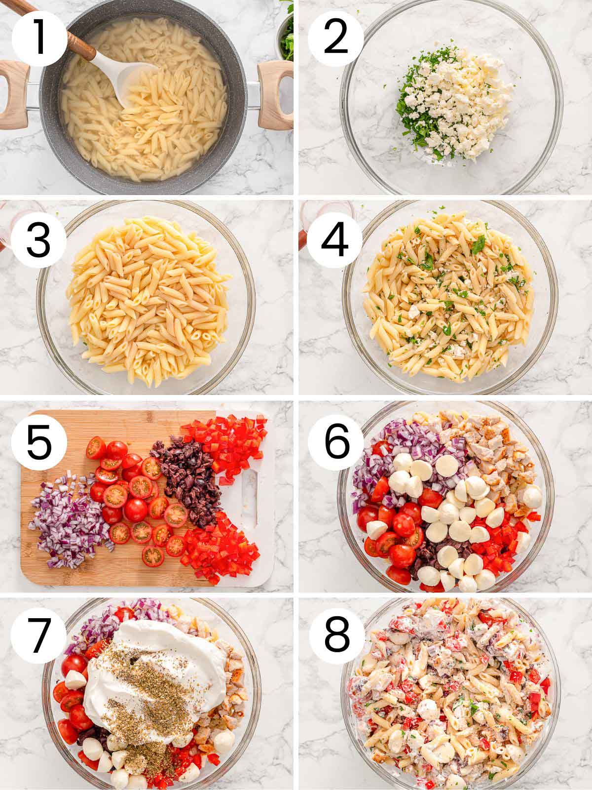 Step by step process how to make high protein pasta salad.