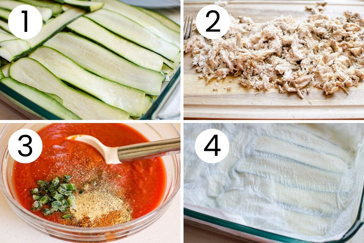Preparing chicken, zucchini and sauce for chicken zucchini casserole.