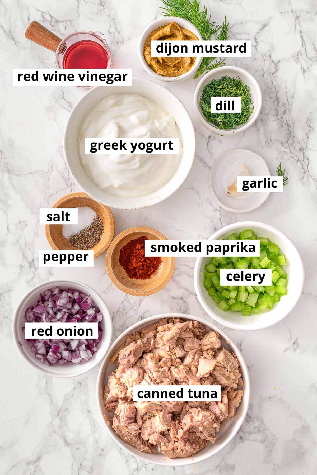 Canned tuna, Greek yogurt, red onion, celery, garlic, dill, smoked paprika, salt, pepper, Dijon mustard, red wine vinegar.