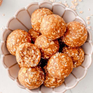 Banana protein balls in a bowl.