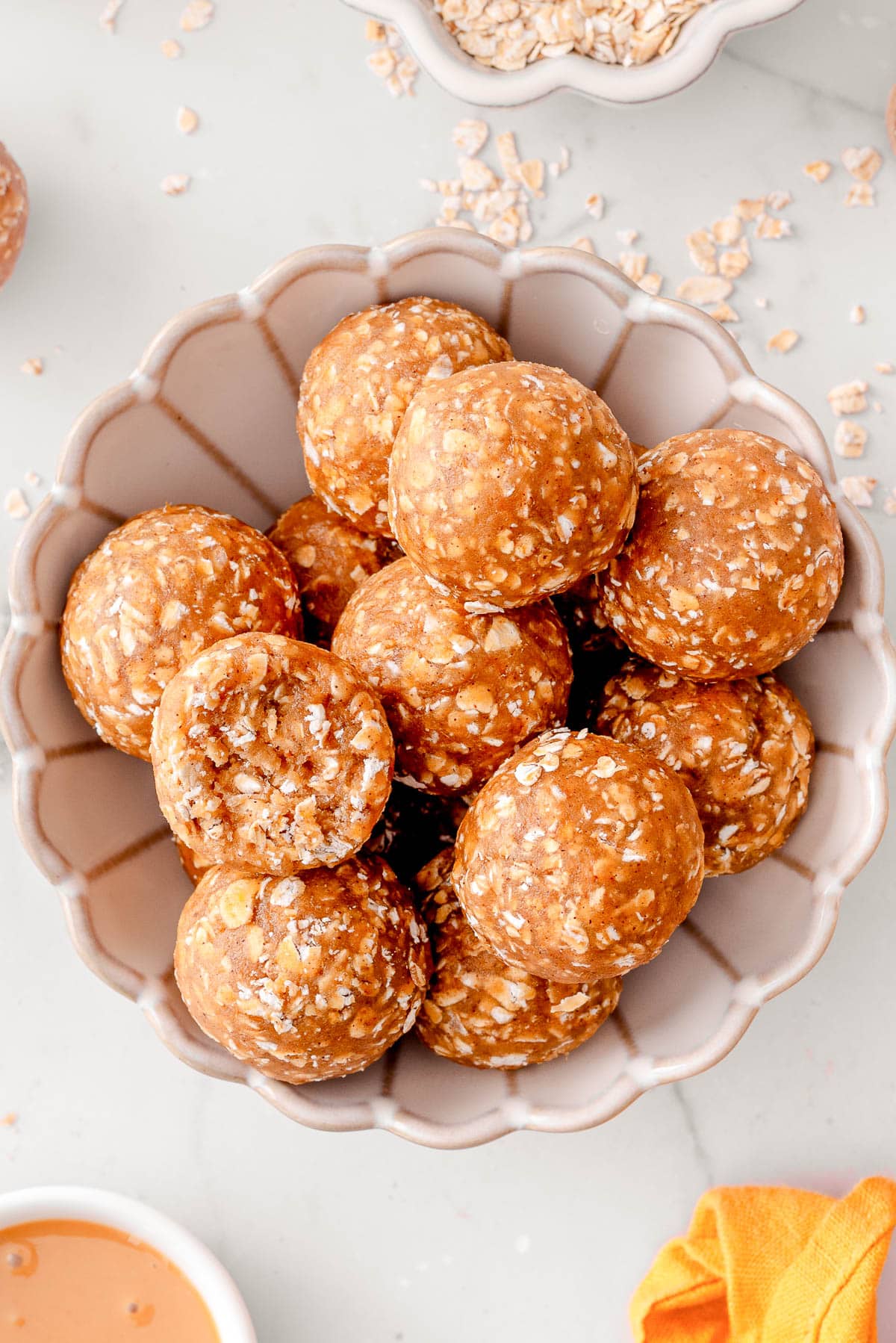 Banana protein balls in a bowl.
