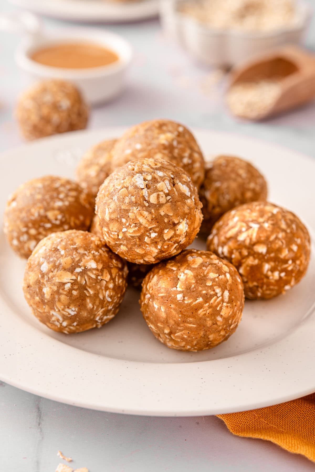 Banana protein balls in a bowl.