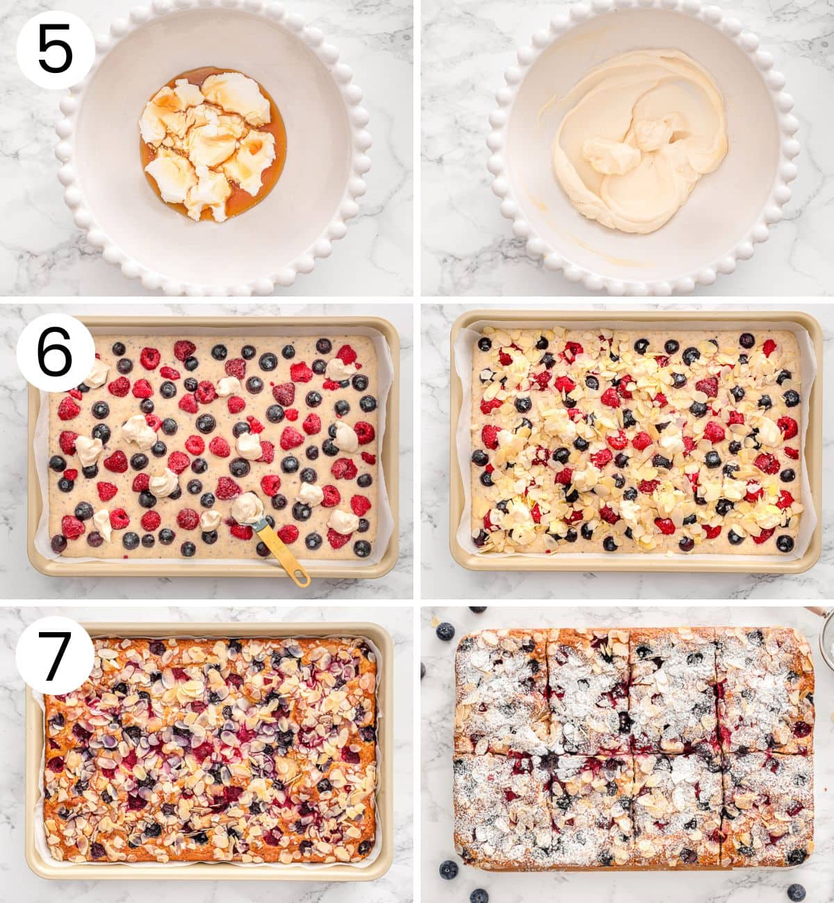 Step by step process how to assemble and bake almond croissant kodiak pancake breakfast casserole.