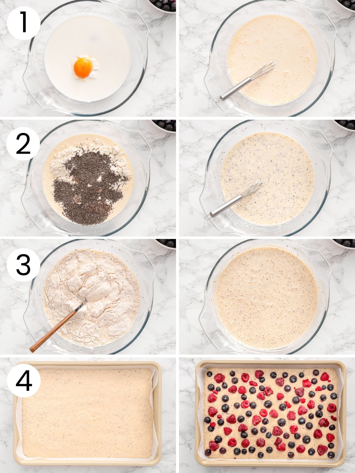Step by step process how to make batter and assemble kodiak pancake breakfast casserole.