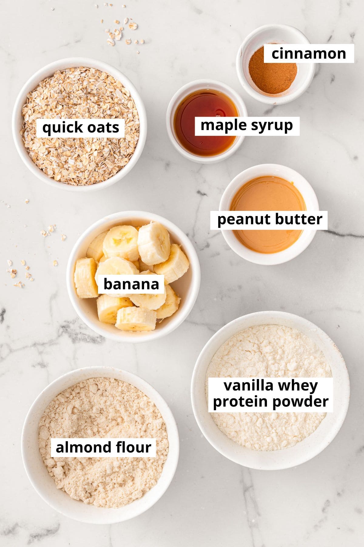 Banana, peanut butter, oats, maple syrup, cinnamon, protein powder, almond flour.